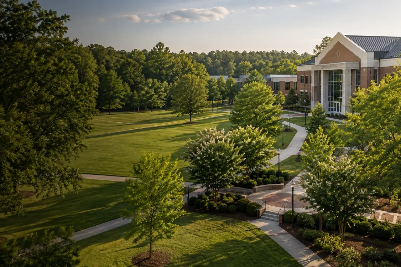 Landscaped institutional campus with broad turf areas and pedestrian paths.