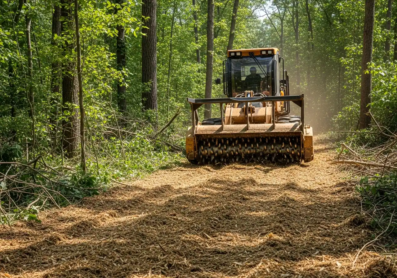 Forestry mulcher grinding brush in a wooded area