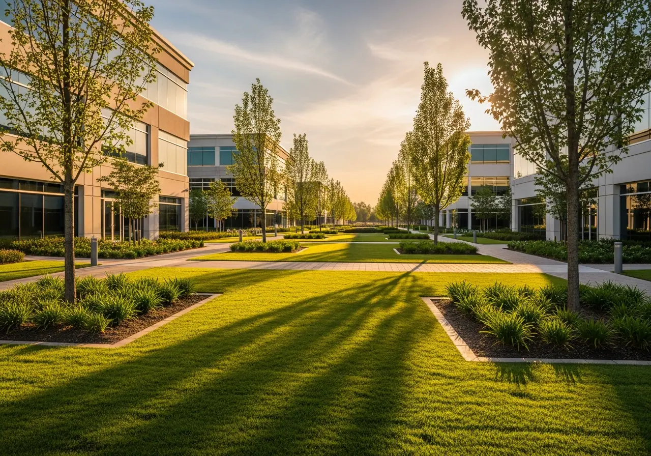 Concrete walkways and curbed planting beds at an office campus