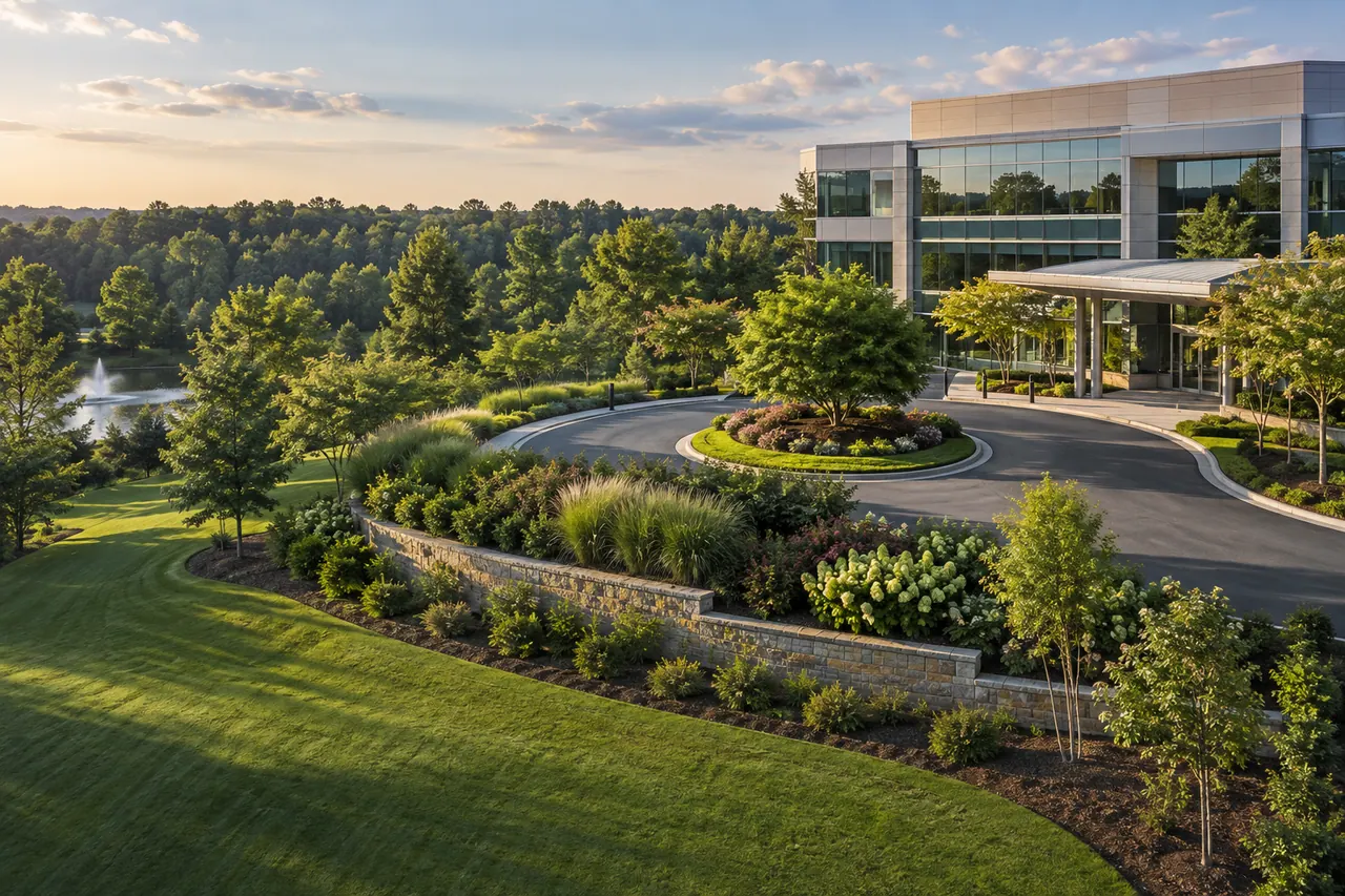 Landscaped corporate office entrance with maintained turf and planting beds.