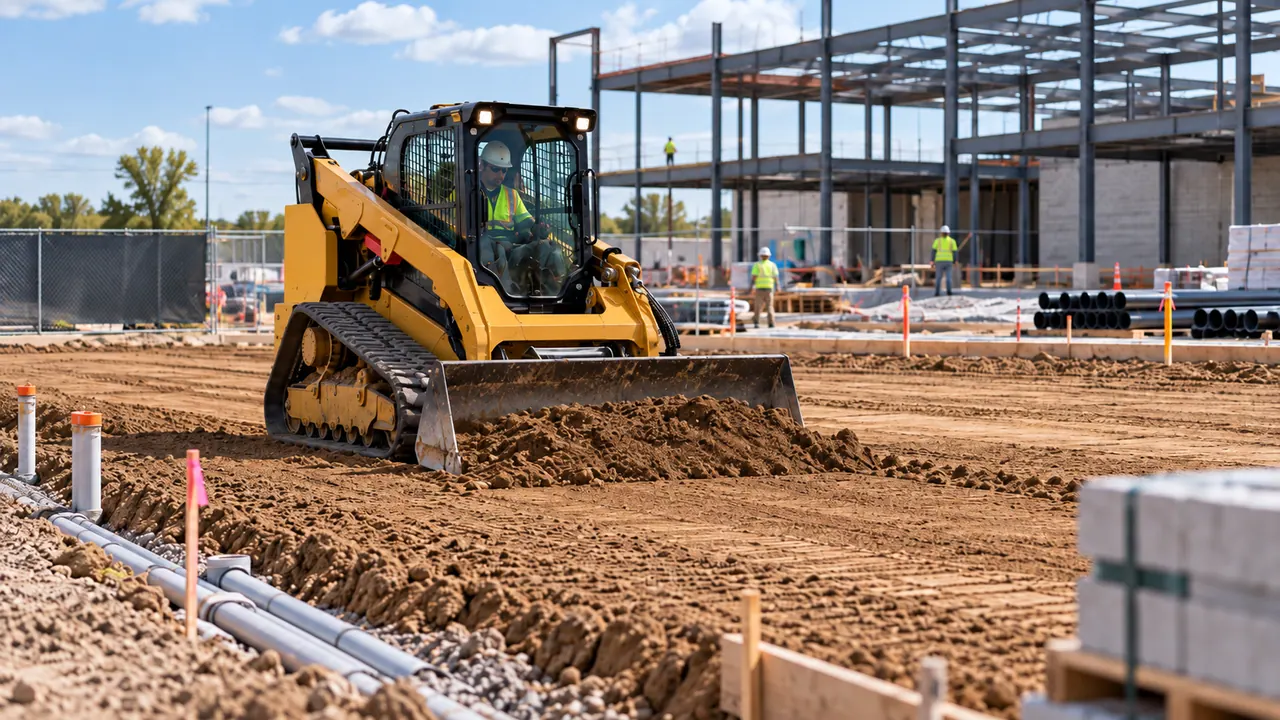Illustrative image of a compact track loader grading soil at a commercial construction site