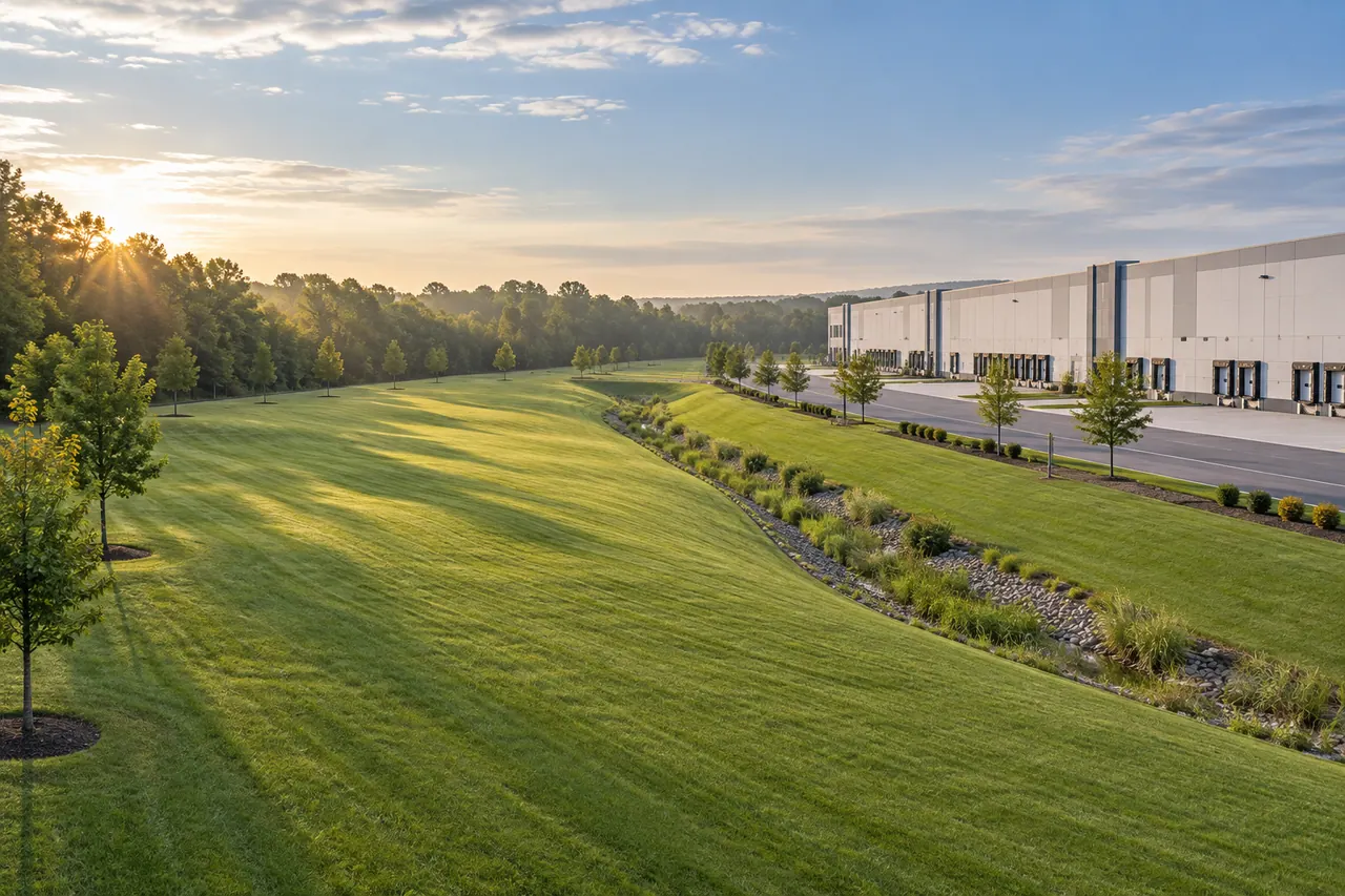 Broad maintained turf surrounding a warehouse property.
