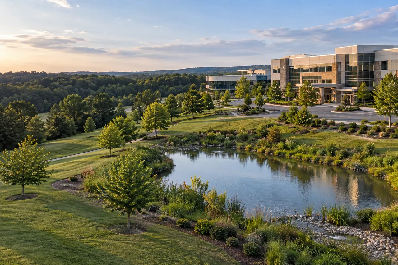 Commercial campus with maintained turf and a pond.