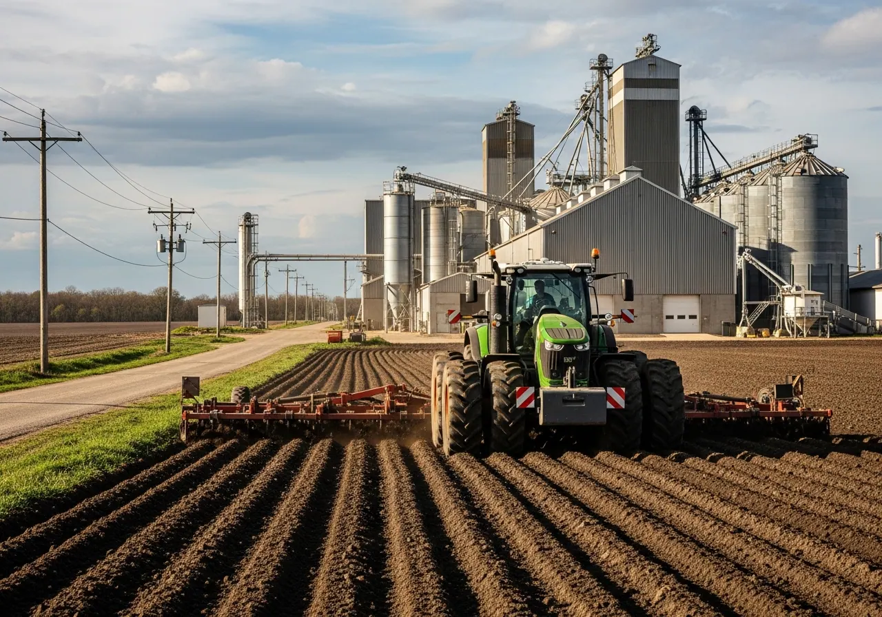 Tractor working open ground beside an industrial grain facility