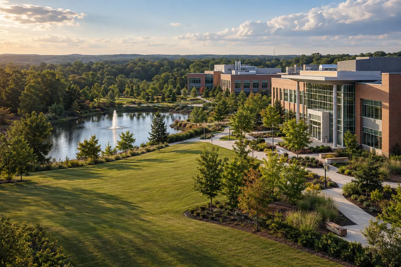Institutional research campus with maintained turf and a pond.