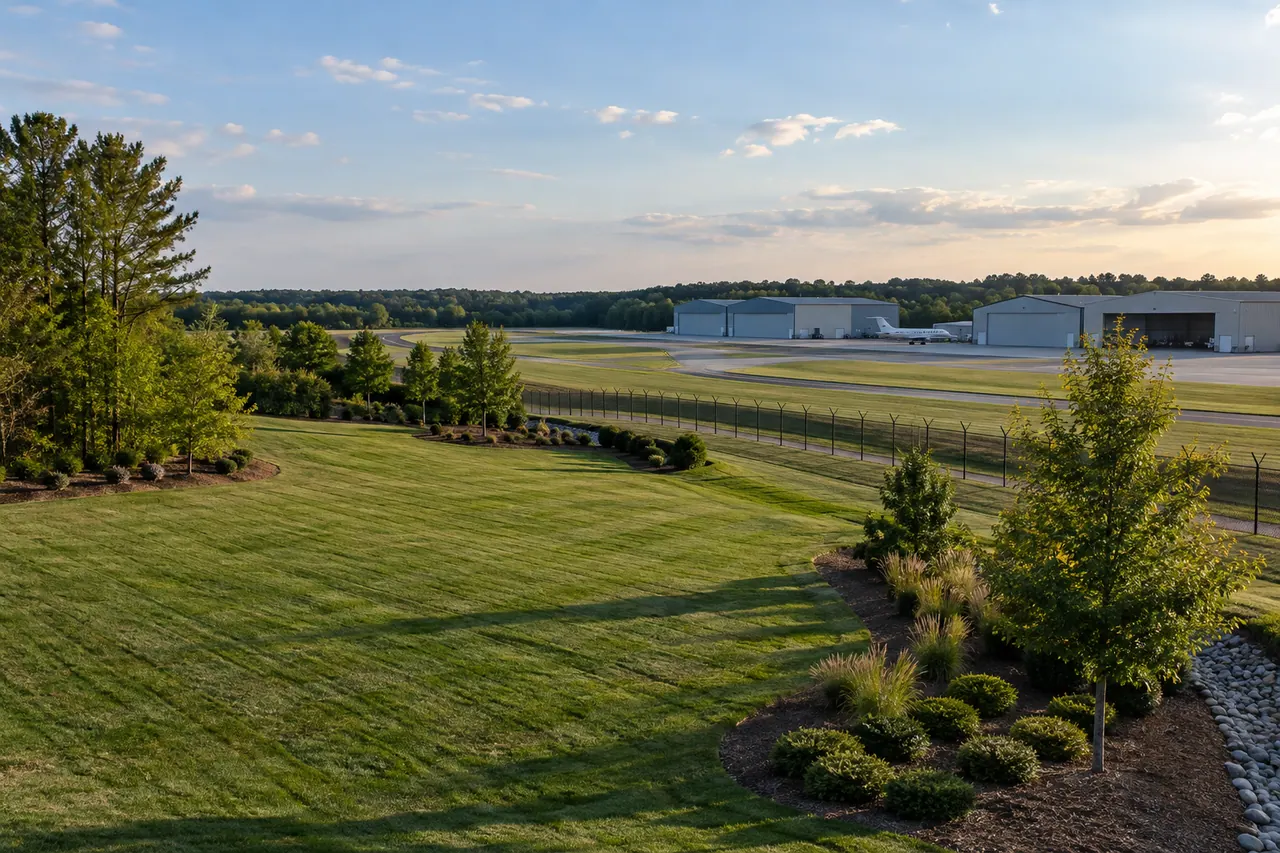 Maintained turf and young trees beside an industrial building