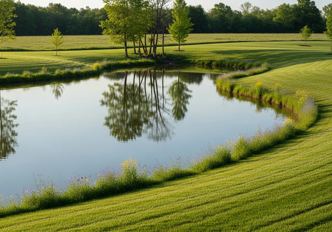 Mowed banks around a stormwater pond