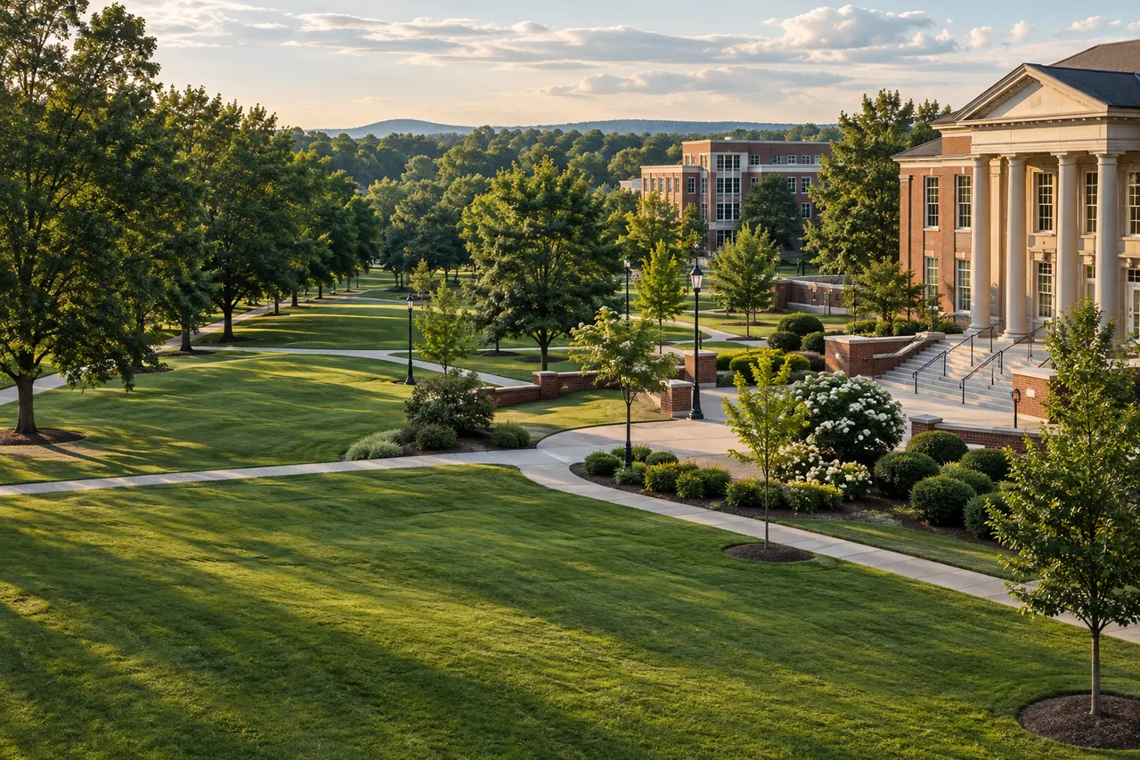 Maintained turf surrounding a brick institutional campus.