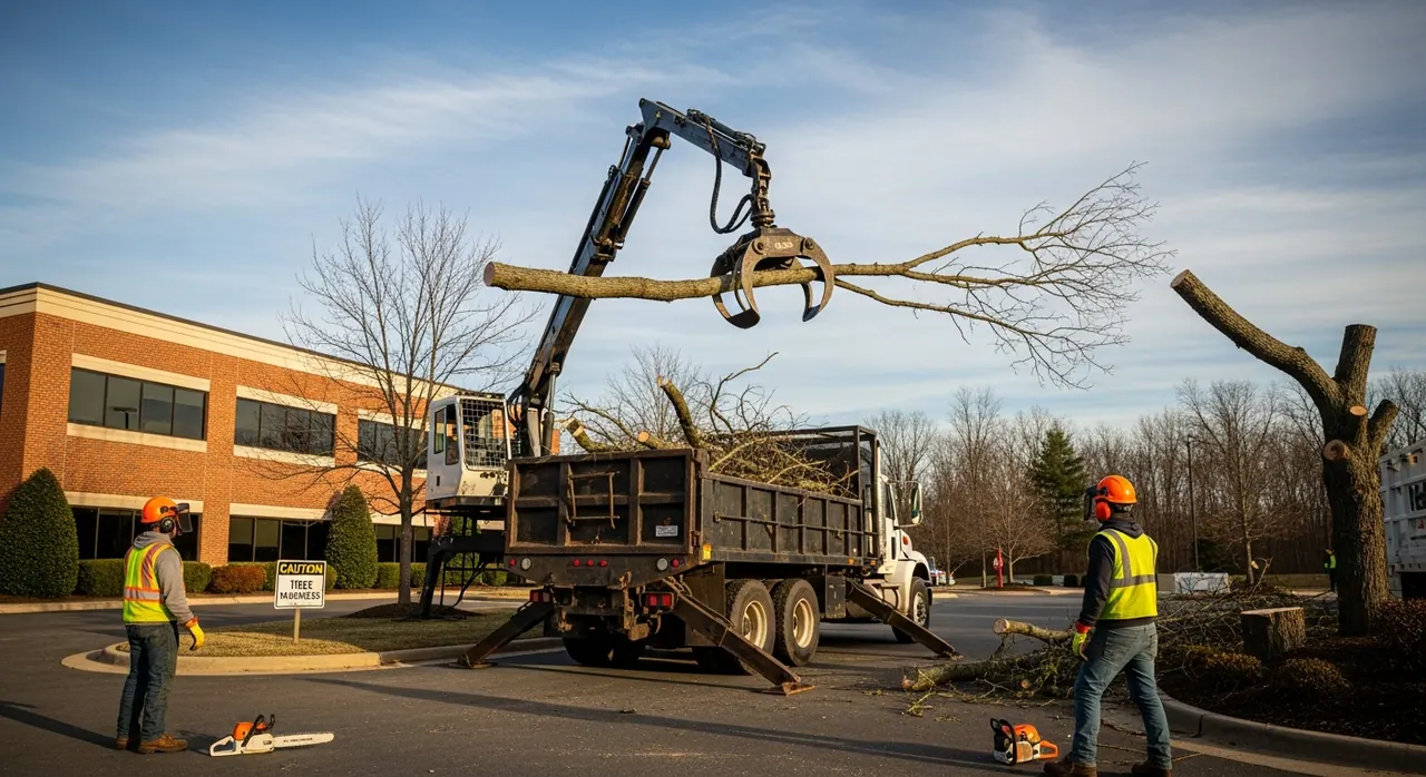 Tree crew removing limbs beside a commercial building