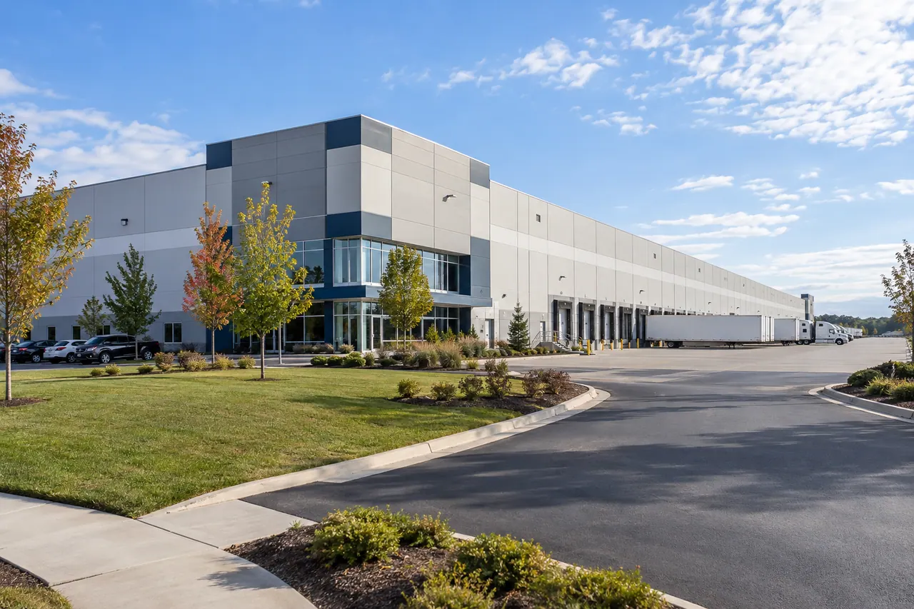 Drive aisle and curbed islands at a distribution center
