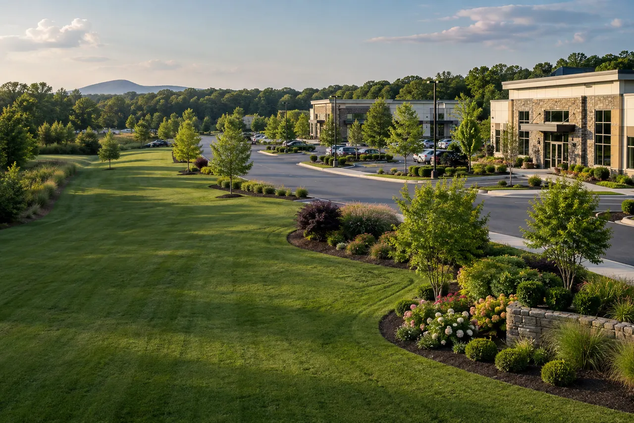 Landscaped commercial campus with maintained turf and planting beds.