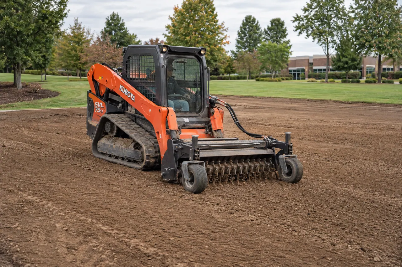 Orange compact track loader with a power rake preparing soil for turf installation